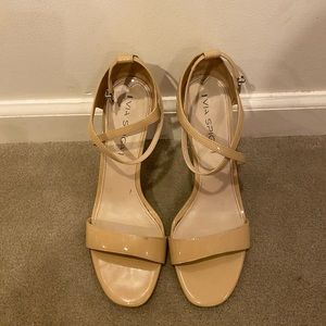 Via Spiga Tan Patent Leather Ankle Strap Heels